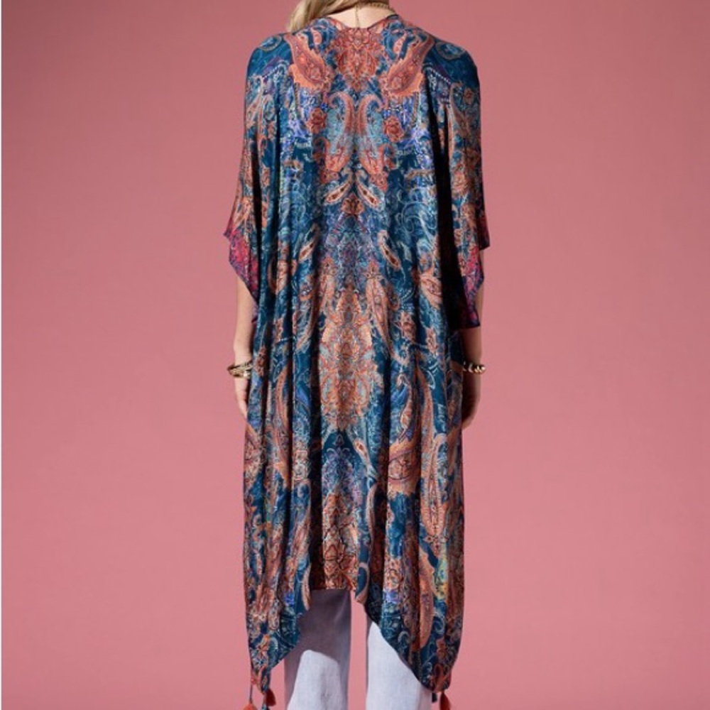 Tassels NWT kimono Ruana exotic viscose or rayon soft flowy bohemian‎ rusts teal - Picture 4 of 4